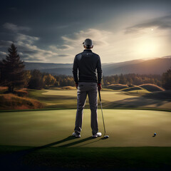Golf player from behind standing at the field with a beautiful background in motion blur - obrazy, fototapety, plakaty