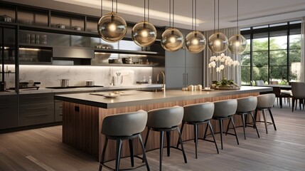 Fototapeta na wymiar A gourmet kitchen with a central island and modern pendant lights