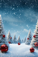 Weihnachtlicher Hintergrund mit Tannenbäumen und Schnee und roten Weihnachtskugeln