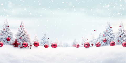 Naklejka na ściany i meble Weihnachtlicher Hintergrund mit Tannenbäumen und Schnee und roten Weihnachtskugeln
