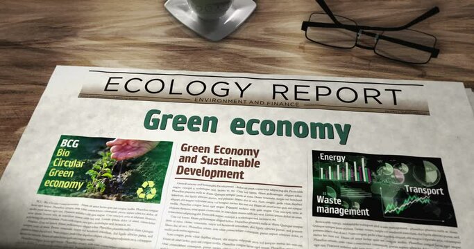 Green economy bio circular and eco friendly economy daily newspaper on table. Headlines news abstract concept 3d.