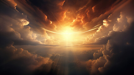 Witness the power of nature in this captivating lens flare scene, as the suns rays break through dark storm clouds, painting the sky with an aweinspiring display of light.