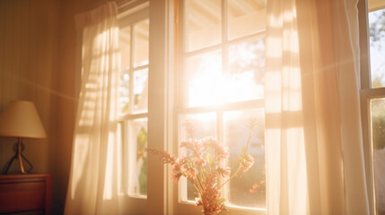Indulge in the warmth and serenity of this lens flare scene, as the morning sun softly glows through a window, enveloping the room in a gentle, golden haze.