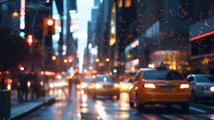 Fototapeta na wymiar Street traffic bokeh Witness the hustle and bustle of city life as car lights blur into mesmerizing bokeh patterns. This scene encapsulates the energy and constant motion of urban streets.
