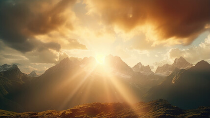 Experience the raw power of nature in this lens flare scene, as the sun breaks through stormy clouds over a dramatic mountain range, the rugged peaks in a majestic golden light. - Powered by Adobe