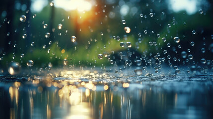 Capture the tranquility of nature with this rain bokeh scene showcasing raindrops falling on a river, creating mesmerizing bokeh patterns that dance on the waters surface.
