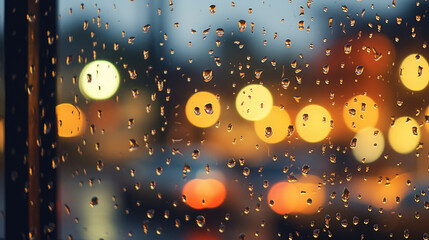 Experience the beauty of raindrops falling on a cafe window in this rain bokeh scene, as they create intricate bokeh patterns that complement the warm and cozy ambiance inside.