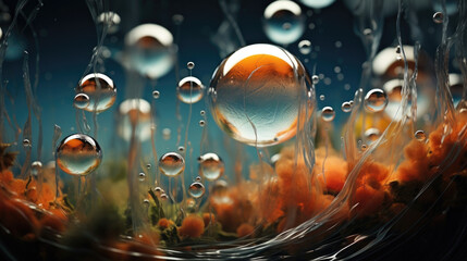 Explore the fascinating world inside a droplet of water as microorganisms swim and interact in a bustling aquatic ecosystem.