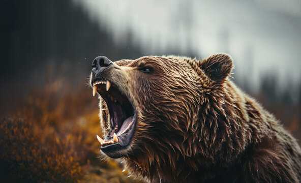 Portrait of an angry bear showing his powerful teeth on a mountainous background and margin for copy space. Generative AI