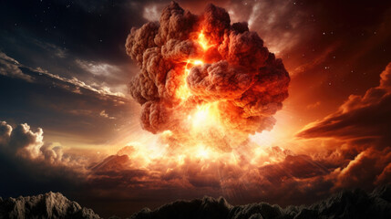 A tremendous explosion creating a massive fireball illuminating the sky.