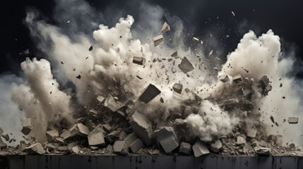 A concentrated explosion demolishing a concrete wall, sending fragments and dust into the air.