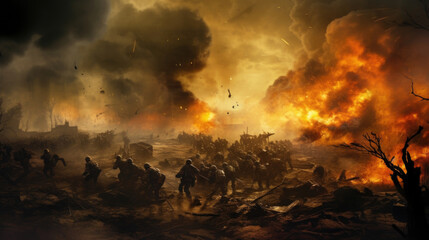 An explosion on a battlefield, sending soldiers and equipment flying amidst a chaotic scene of smoke and fire.