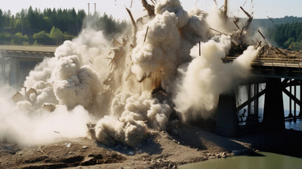 A powerful blast demolishing a bridge, sending shattered concrete in all directions.