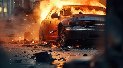 A devastating explosion obliterating a vehicle, leaving only tered wreckage.