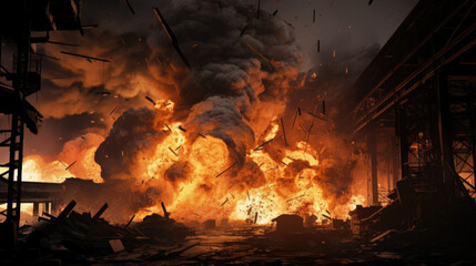 An explosion erupting within a factory, resulting in a chaotic mix of flames, debris, and billowing black smoke.