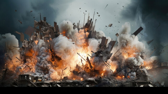 A series of synchronized explosions demolish a row of buildings, reducing them to rubble. © Justlight