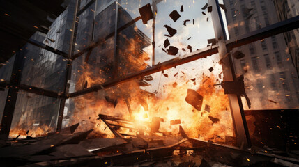 Obraz premium Fierce explosion causing windows to shatter and buildings to crumble.