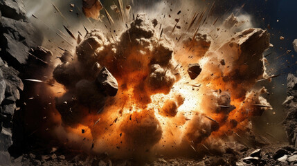 A powerful explosion ripping apart a quarry, sending rocks and debris hurtling through the air like deadly projectiles.