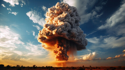 A massive detonation creates a mushroomshaped cloud of smoke and fire that stretches towards the heavens.
