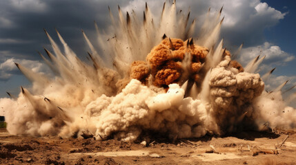A controlled explosion rips through a deserted field, obliterating any remnants of the structures that once stood.