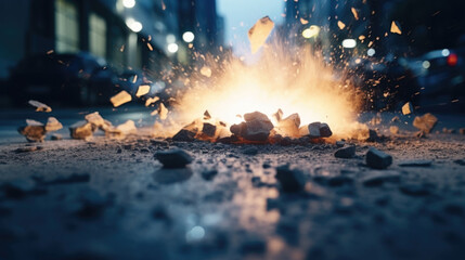An underground explosion ruptures the concrete pavement, sending chunks flying and shaking the ground beneath.
