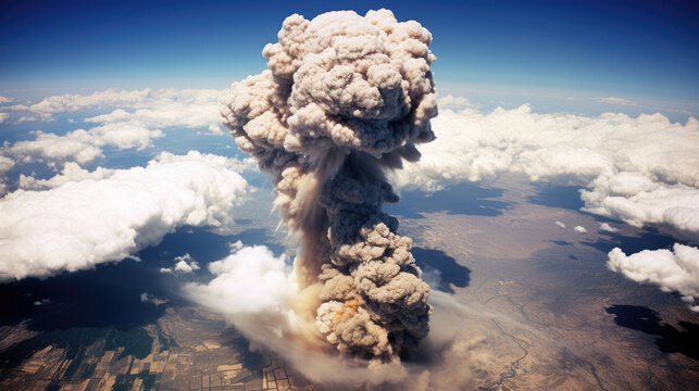 A bomb explosion creates a mushroomshaped cloud of smoke and debris, resembling a volcanic eruption.
