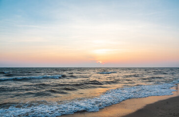 Landscape viewpoint panorama  summer sea wind wave cool holiday calm coastal sunset sky light orange golden evening day look calm Nature tropical Beautiful sea water travel Bangsaen Beach thailand