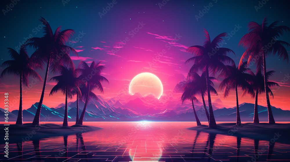 Wall mural abstract 3d synthwave colorful neon background banner