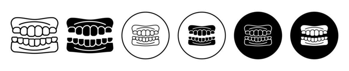 dentures icon. False mouth tooth replacement symbol. Teeth whitening treatment by dentist vector. Jaw gum cavity care sign. Artificial fake implant logo. 