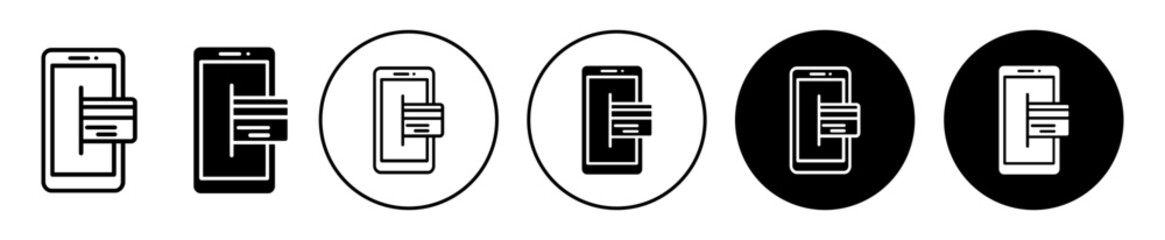 Mobile payment icon. Online digital bill pay through smartphone symbol. Purchase product easy and fast with cashless credit card vector. 