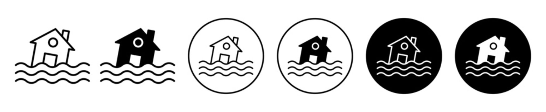 Flood Icon. Natural Climate Change Hazardous Storm Symbol. Environment Heavy Rainfall Deluge Residential House Property Vector. Tsunami Weather Disaster Sign. Water Damage The Home Logo