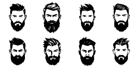 Man face portrait with full beard and mustache. Haircut black silhouette vector collection