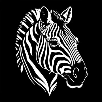 Monochrome vector illustration of a zebra head for logo, symbol, sticker, tattoo t-shirt design, simple flat design on a black background
