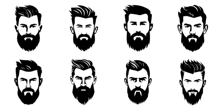 Man face portrait with full beard and mustache. Haircut black silhouette vector collection