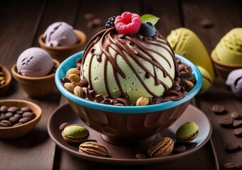 a strawberry ice cream sundae with chocolate syrup 