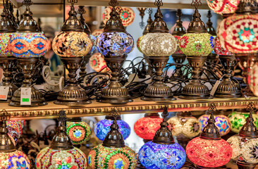 Istanbul, Turkey - July 22,2023: Close up of mosaic Turkish lamps at a street vendor in Istanbul’s Grand Bazaar
