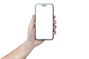 Hand showing smartphone with blank screen isolated on white background