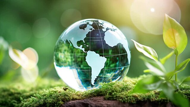 Crystal globe with sustainable development and ESG icon for environment social, governance, and business cooperation for World sustainable environment social governance concept.