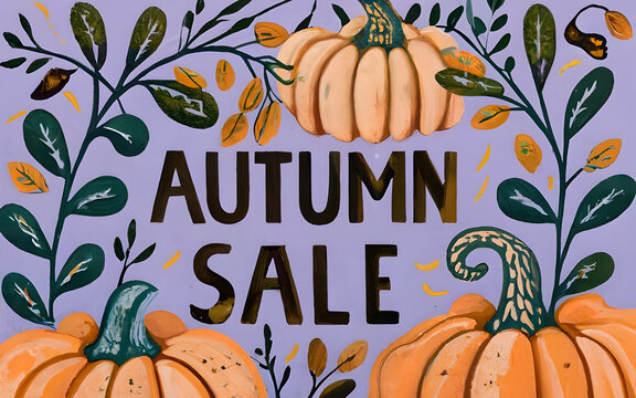Autumn sale banner illustration in traditional mediums. Hand lettering with orange pumpkins around. Fall season banner. Botanical gouache or acrylic illustration.