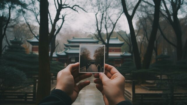 Hands holding polaroid at Chinese temple