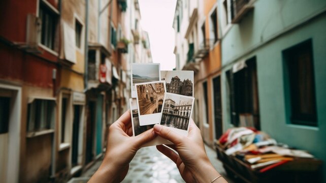 hands holding set of polaroids in street