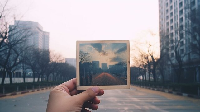 Hand holding polaroid photo in city