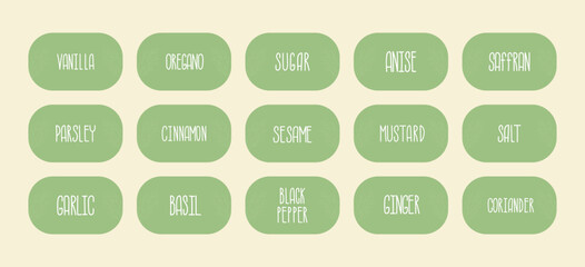 A delicate vector set of stickers for spices and herbs.  For labeling kitchen containers and foodstuffs. 