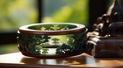 A jade bracelet on a carved wooden stand, Chinese art style, natural window light, soft focus, against an oriental ink painting, tranquil mood