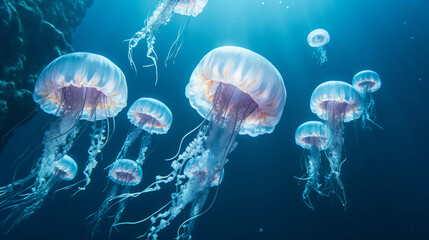 A serene shot of a jellyfish tank with multiple Moon Jellies elegantly floating against a calming blue backdrop