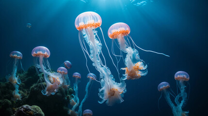 A serene shot of a jellyfish tank with multiple Moon Jellies elegantly floating against a calming blue backdrop