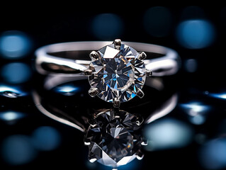 Close - up macro photography, diamond engagement ring, round brilliant cut, set in platinum, soft focus, dramatic spotlight, on a dark velvet background, reflective surface