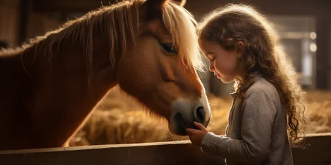 Poster a friendship between a little girl and a horse, both touching noses lovingly. Barn setting, hay in the background © Marco Attano