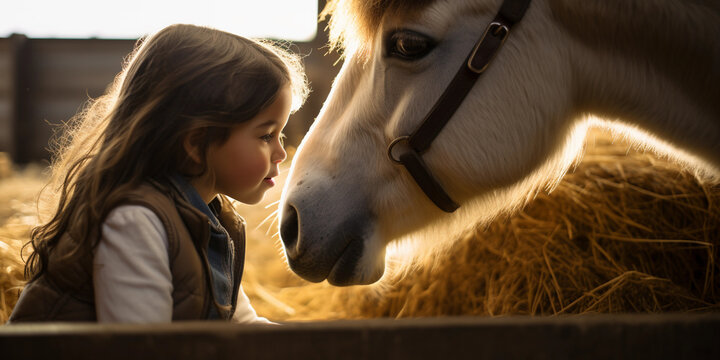 a friendship between a little girl and a horse, both touching noses lovingly. Barn setting, hay in the background - Powered by Adobe