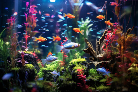 a freshwater aquarium with a focus on a school of neon tetras swimming amongst live plants